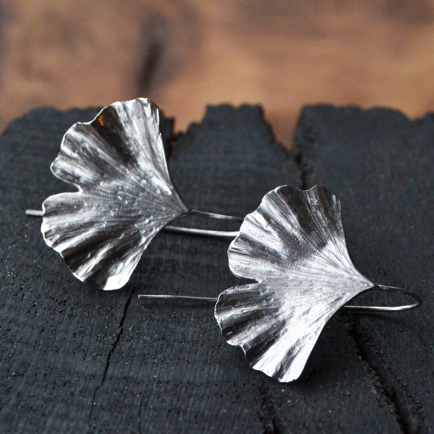 Large Silver Ginkgo Earrings