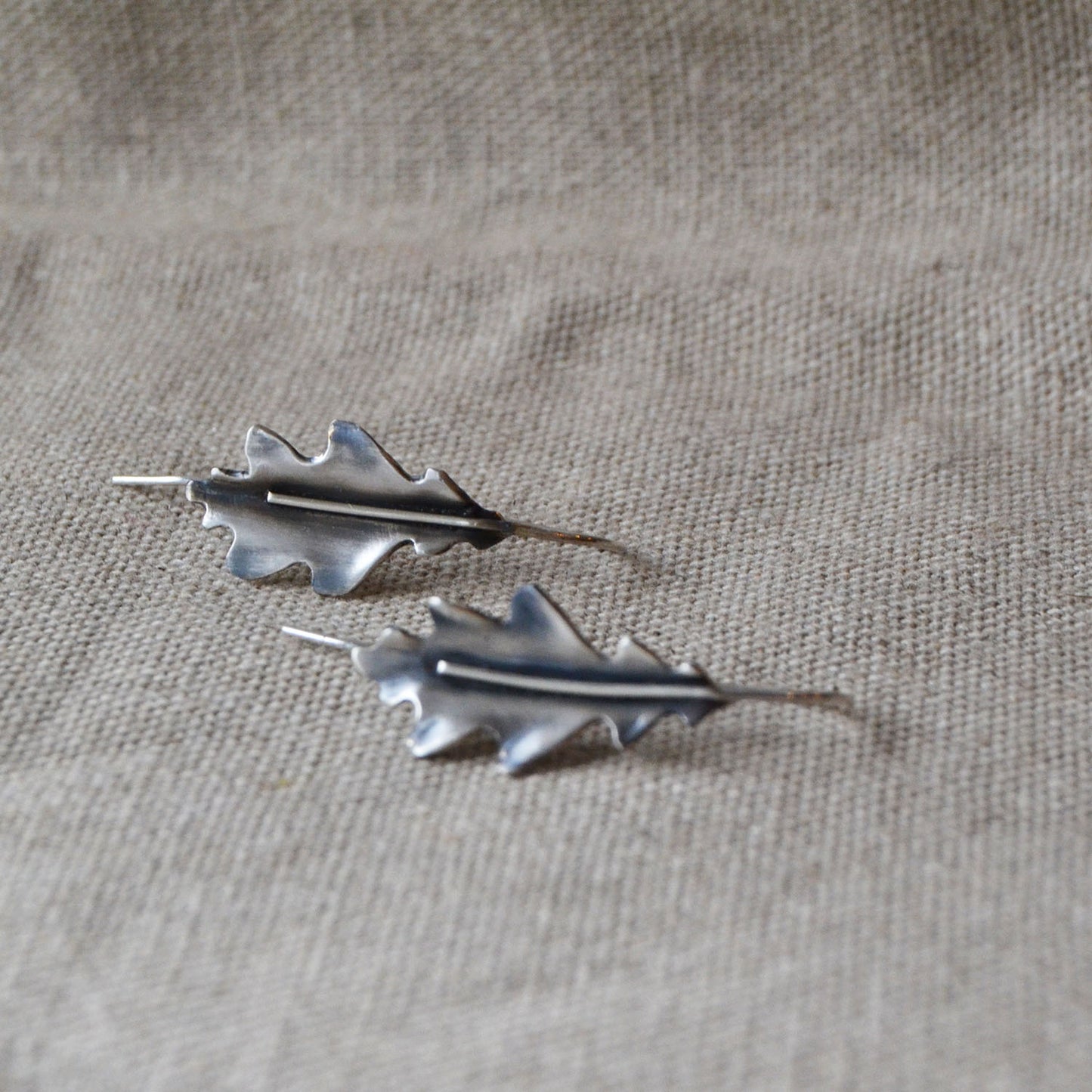 Sculptural Silver Oak Leaf Earrings